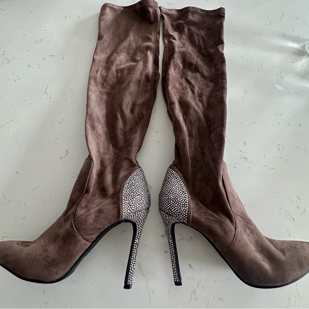 Olivia Miller Thigh High Brown Suede Heeled Boots with Sparkling Accents